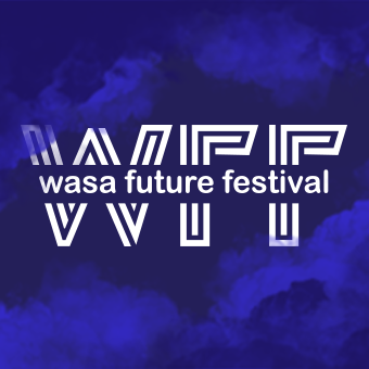 Logo for Wasa Future Festival -event. WFF and Wasa Future Festival written inside. Blue background.