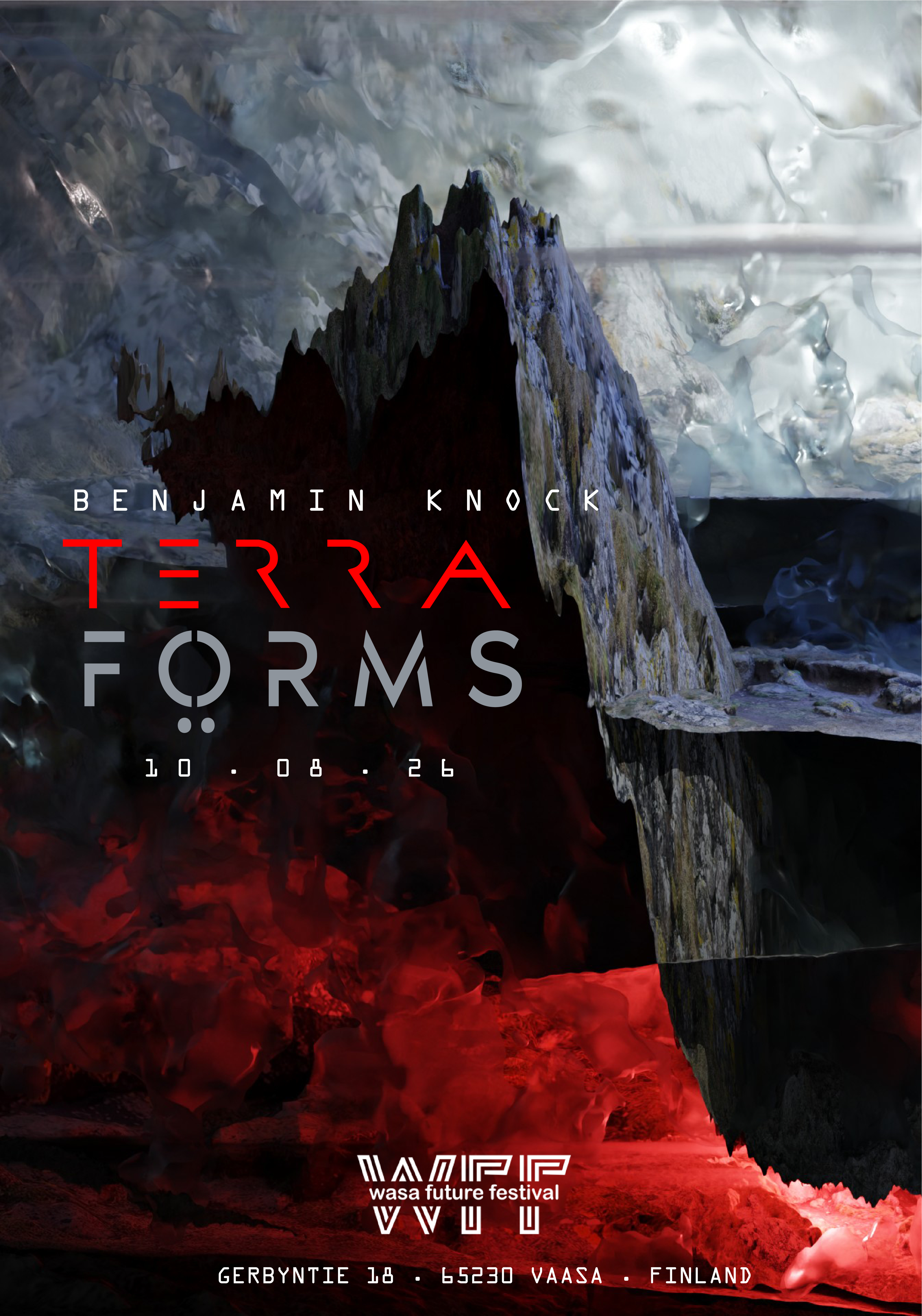 Poster of Terraforms exhibition. Dark abstract shapes reminding deep earth movements.